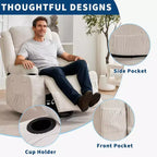 360 Swivel Rocker Recliner Chair for Adults, Rocking Manual Glider Sofa with 3 Positions, 2 Cup Holders, 4 Pockets for Living Room, Bedroom
