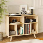 Large Record Player Stand, Wood Vinyl Record Storage with Power Outlet, Record Player Shelf Holds 350 Albums for Living Room