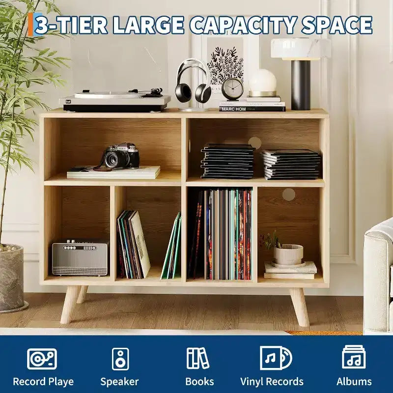 Large Record Player Stand, Wood Vinyl Record Storage with Power Outlet, Record Player Shelf Holds 350 Albums for Living Room