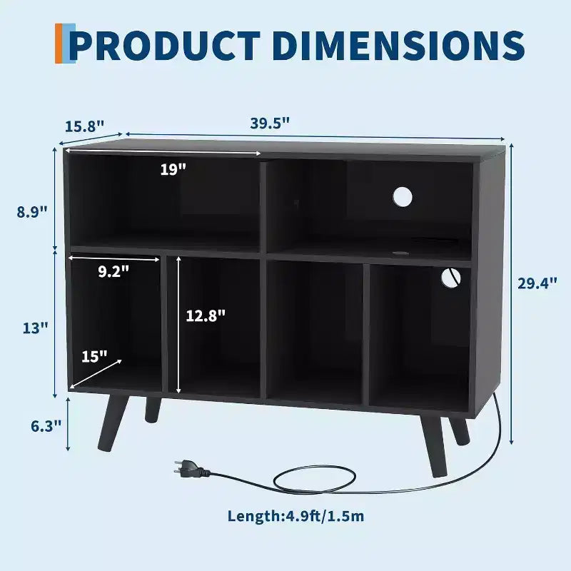 Large Record Player Stand, Wood Vinyl Record Storage with Power Outlet, Record Player Shelf Holds 350 Albums for Living Room
