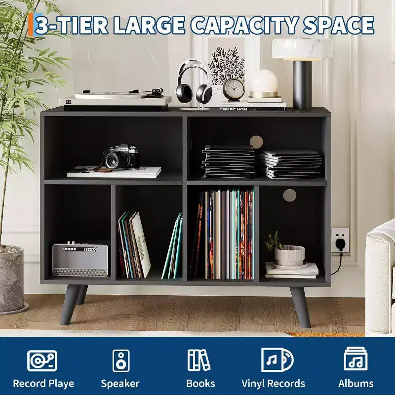Large Record Player Stand, Wood Vinyl Record Storage with Power Outlet, Record Player Shelf Holds 350 Albums for Living Room