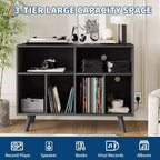 Large Record Player Stand, Wood Vinyl Record Storage with Power Outlet, Record Player Shelf Holds 350 Albums for Living Room
