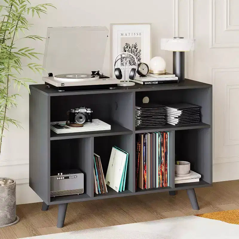 Large Record Player Stand, Wood Vinyl Record Storage with Power Outlet, Record Player Shelf Holds 350 Albums for Living Room