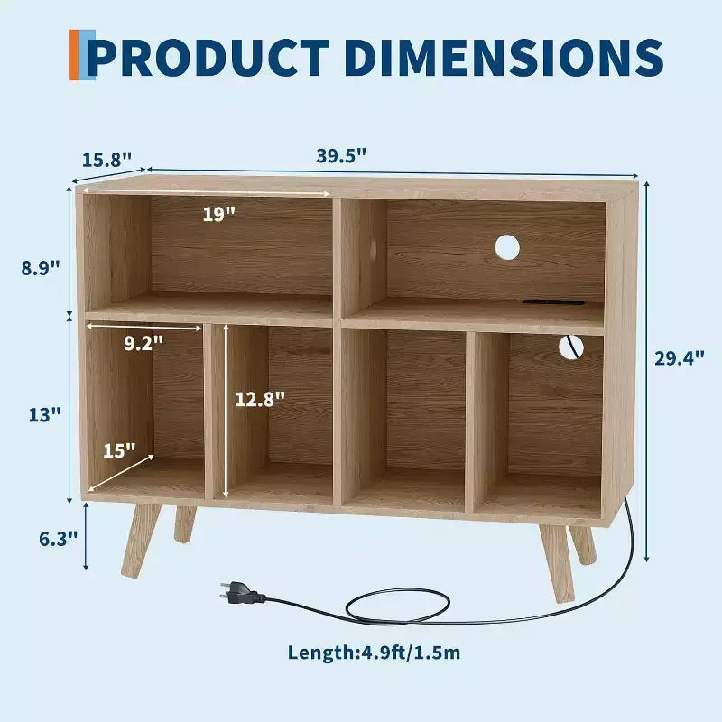 Large Record Player Stand, Wood Vinyl Record Storage with Power Outlet, Record Player Shelf Holds 350 Albums for Living Room