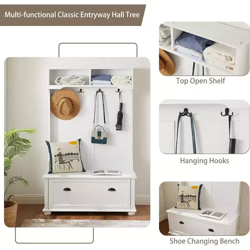 4-In-1 Hall TreeEntryway Coat Rack with Top Shelf, Storage Bench, 4 Hooks, Flip Door, Open Shelves, Side Bench for Hallway or Entryway