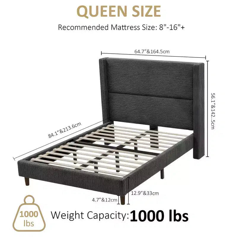 Corduroy bed frame, 56-inch corduroy soft-padded bed frame, solid wood slats and bed legs, no box spring requiredGrey