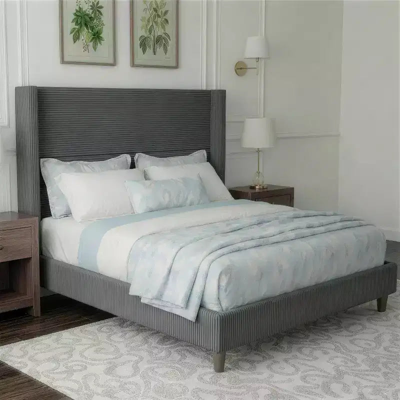 Corduroy bed frame, 56-inch corduroy soft-padded bed frame, solid wood slats and bed legs, no box spring requiredGrey