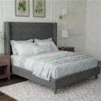 Corduroy bed frame, 56-inch corduroy soft-padded bed frame, solid wood slats and bed legs, no box spring requiredGrey