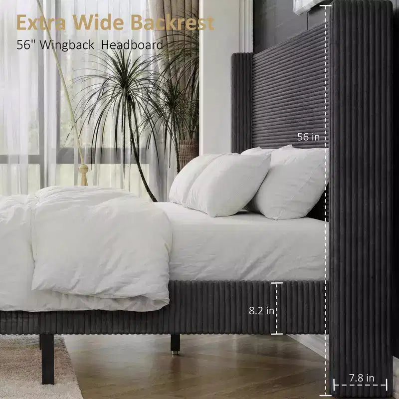Corduroy bed frame, 56-inch corduroy soft-padded bed frame, solid wood slats and bed legs, no box spring requiredGrey