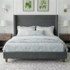Corduroy bed frame, 56-inch corduroy soft-padded bed frame, solid wood slats and bed legs, no box spring requiredGrey