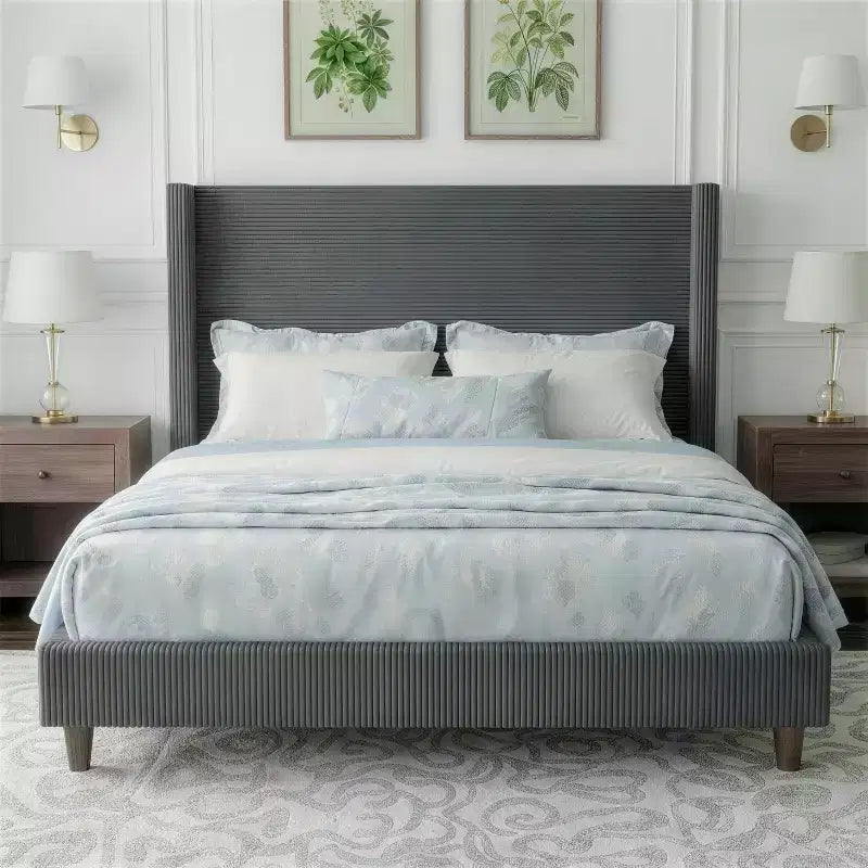 Corduroy bed frame, 56-inch corduroy soft-padded bed frame, solid wood slats and bed legs, no box spring requiredGrey