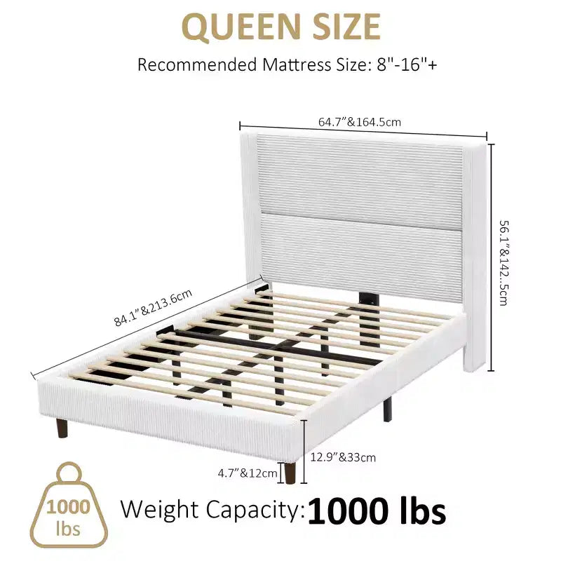 Corduroy bed frame, 56-inch corduroy soft-padded bed frame, solid wood slats and bed legs, no box spring requiredGrey
