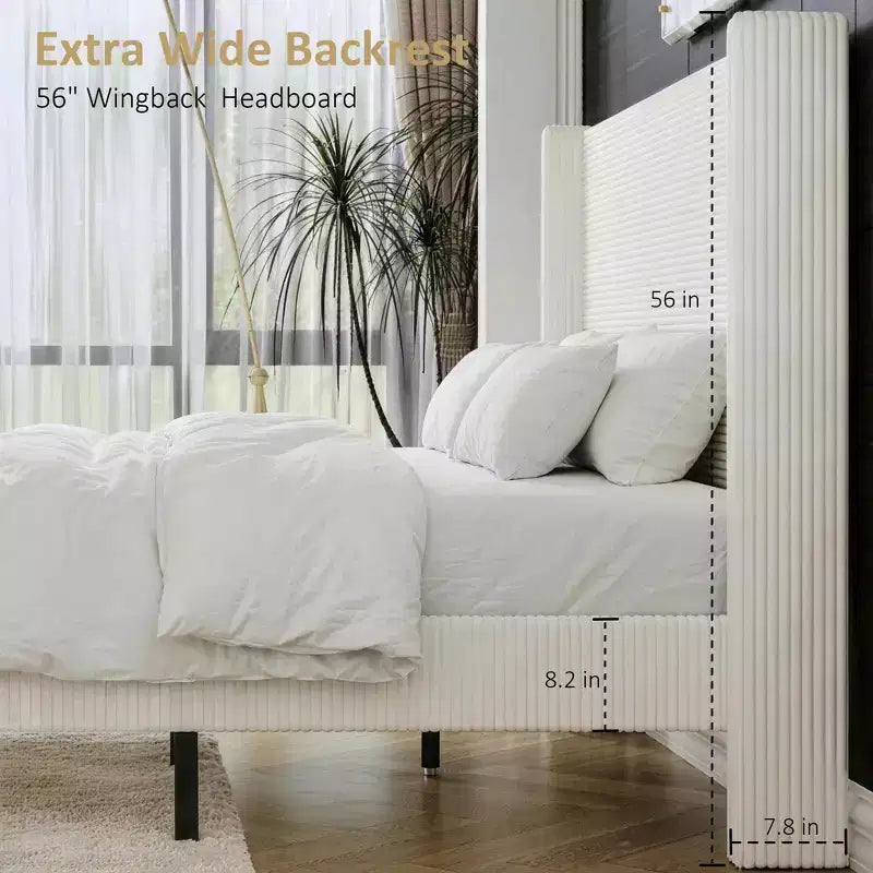 Corduroy bed frame, 56-inch corduroy soft-padded bed frame, solid wood slats and bed legs, no box spring requiredGrey