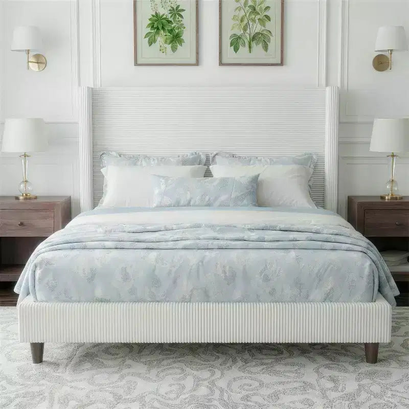 Corduroy bed frame, 56-inch corduroy soft-padded bed frame, solid wood slats and bed legs, no box spring requiredGrey