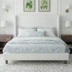 Corduroy bed frame, 56-inch corduroy soft-padded bed frame, solid wood slats and bed legs, no box spring requiredGrey