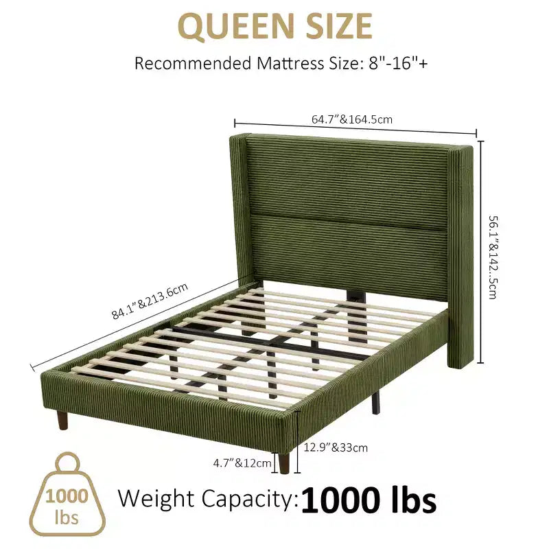 Corduroy bed frame, 56-inch corduroy soft-padded bed frame, solid wood slats and bed legs, no box spring requiredGrey