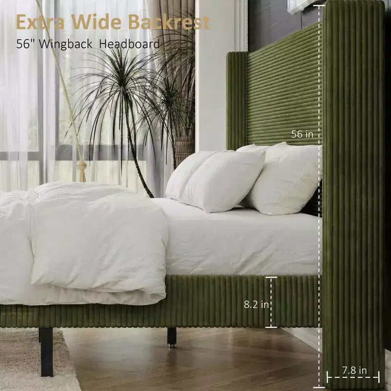 Corduroy bed frame, 56-inch corduroy soft-padded bed frame, solid wood slats and bed legs, no box spring requiredGrey