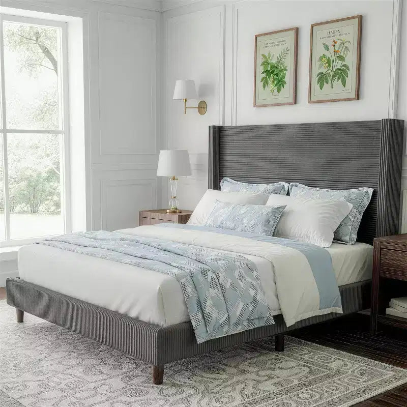 Corduroy bed frame, 56-inch corduroy soft-padded bed frame, solid wood slats and bed legs, no box spring requiredGrey