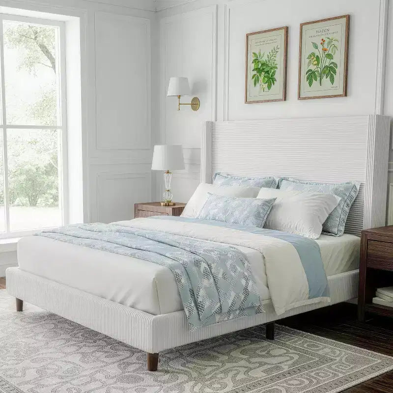 Corduroy bed frame, 56-inch corduroy soft-padded bed frame, solid wood slats and bed legs, no box spring requiredGrey