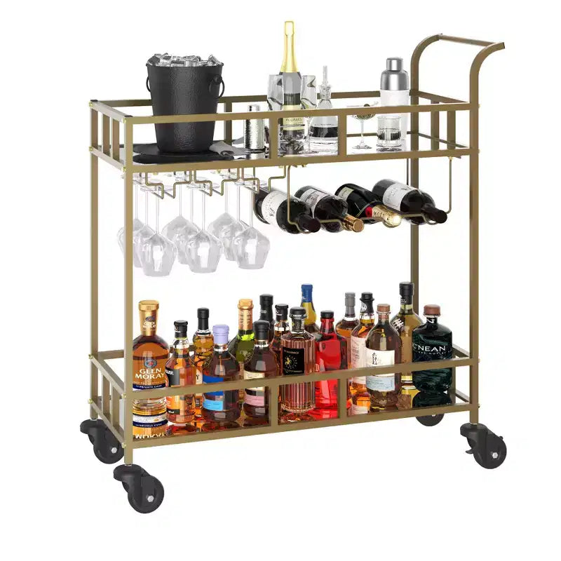 2 Tier Rolling Wine Bar Cart, Small Alcohol Liquor Cart with Mirrored Shelves, Wine Racks & Glass Holder, Compact for Living Room Party, Silver