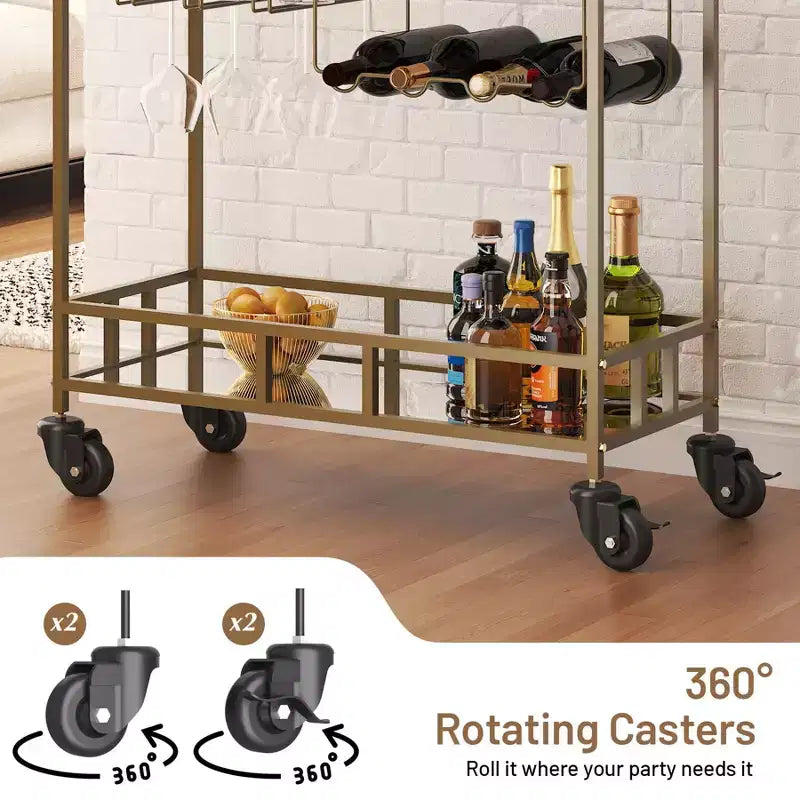 2 Tier Rolling Wine Bar Cart, Small Alcohol Liquor Cart with Mirrored Shelves, Wine Racks & Glass Holder, Compact for Living Room Party, Silver