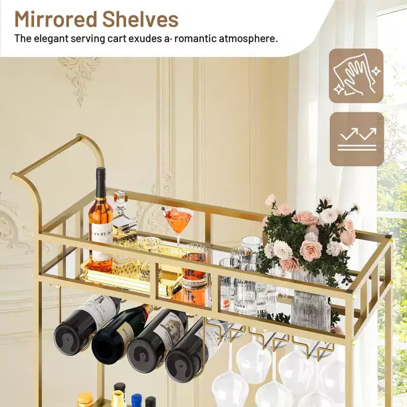 2 Tier Rolling Wine Bar Cart, Small Alcohol Liquor Cart with Mirrored Shelves, Wine Racks & Glass Holder, Compact for Living Room Party, Silver