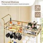 2 Tier Rolling Wine Bar Cart, Small Alcohol Liquor Cart with Mirrored Shelves, Wine Racks & Glass Holder, Compact for Living Room Party, Silver