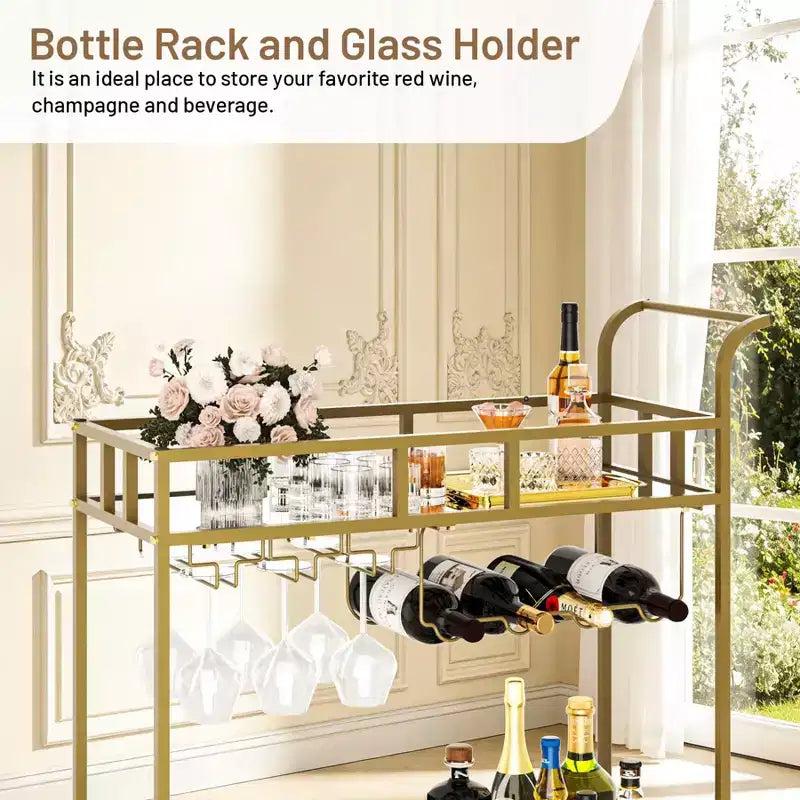 2 Tier Rolling Wine Bar Cart, Small Alcohol Liquor Cart with Mirrored Shelves, Wine Racks & Glass Holder, Compact for Living Room Party, Silver