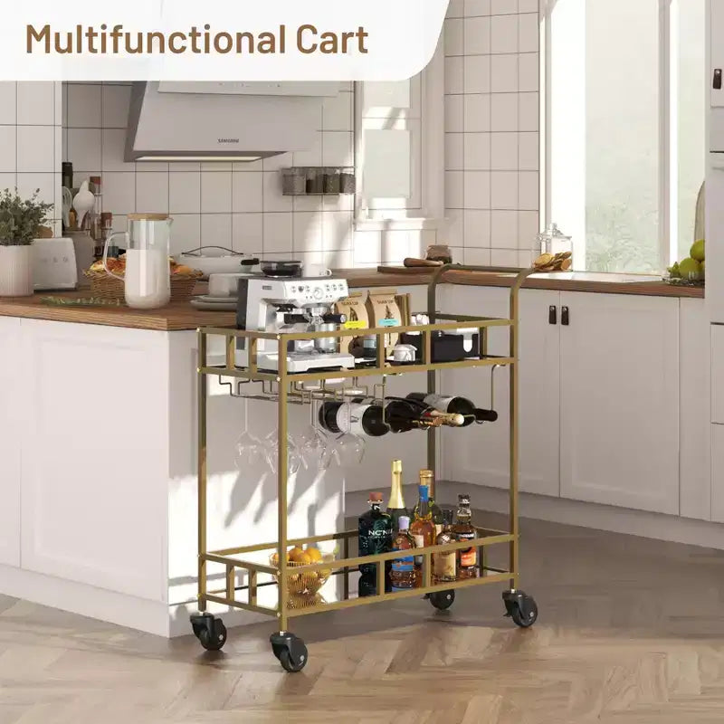2 Tier Rolling Wine Bar Cart, Small Alcohol Liquor Cart with Mirrored Shelves, Wine Racks & Glass Holder, Compact for Living Room Party, Silver