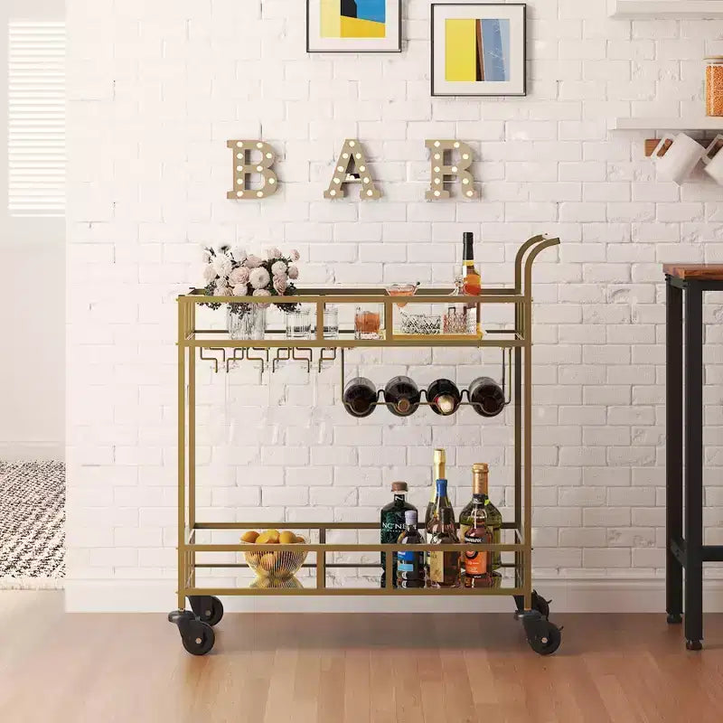 2 Tier Rolling Wine Bar Cart, Small Alcohol Liquor Cart with Mirrored Shelves, Wine Racks & Glass Holder, Compact for Living Room Party, Silver