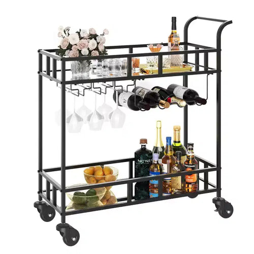 2 Tier Rolling Wine Bar Cart, Small Alcohol Liquor Cart with Mirrored Shelves, Wine Racks & Glass Holder, Compact for Living Room Party, Silver