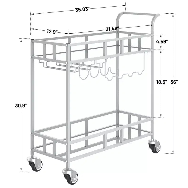 2 Tier Rolling Wine Bar Cart, Small Alcohol Liquor Cart with Mirrored Shelves, Wine Racks & Glass Holder, Compact for Living Room Party, Silver