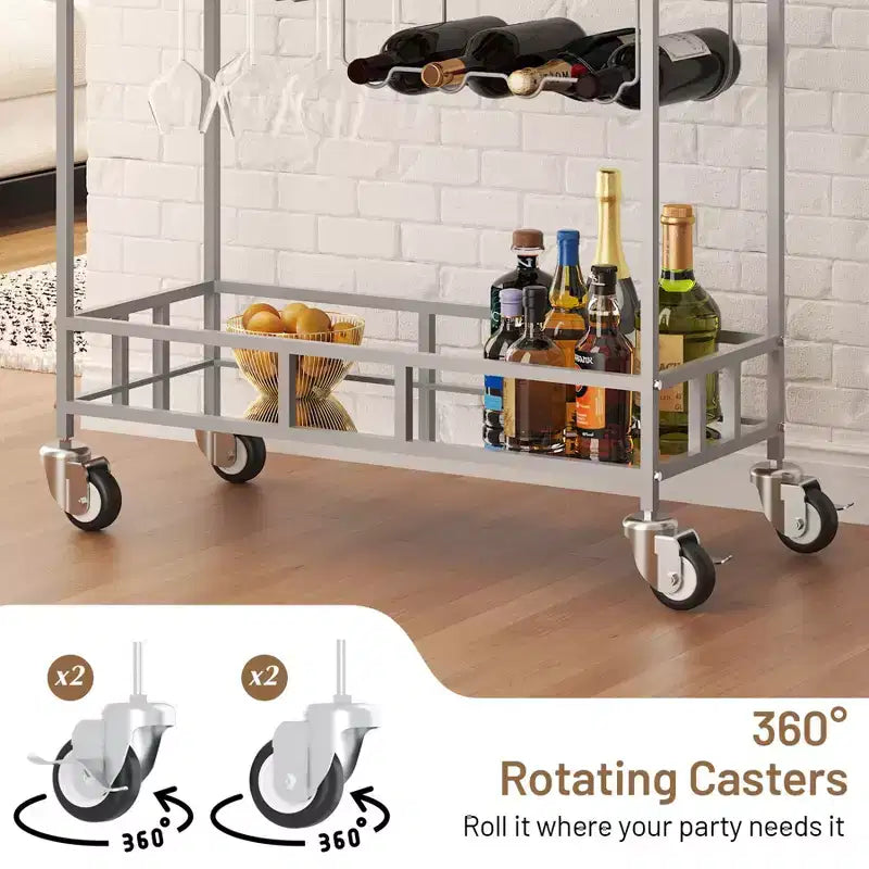 2 Tier Rolling Wine Bar Cart, Small Alcohol Liquor Cart with Mirrored Shelves, Wine Racks & Glass Holder, Compact for Living Room Party, Silver