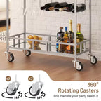 2 Tier Rolling Wine Bar Cart, Small Alcohol Liquor Cart with Mirrored Shelves, Wine Racks & Glass Holder, Compact for Living Room Party, Silver