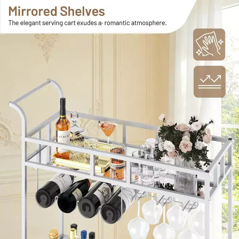 2 Tier Rolling Wine Bar Cart, Small Alcohol Liquor Cart with Mirrored Shelves, Wine Racks & Glass Holder, Compact for Living Room Party, Silver