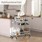 2 Tier Rolling Wine Bar Cart, Small Alcohol Liquor Cart with Mirrored Shelves, Wine Racks & Glass Holder, Compact for Living Room Party, Silver