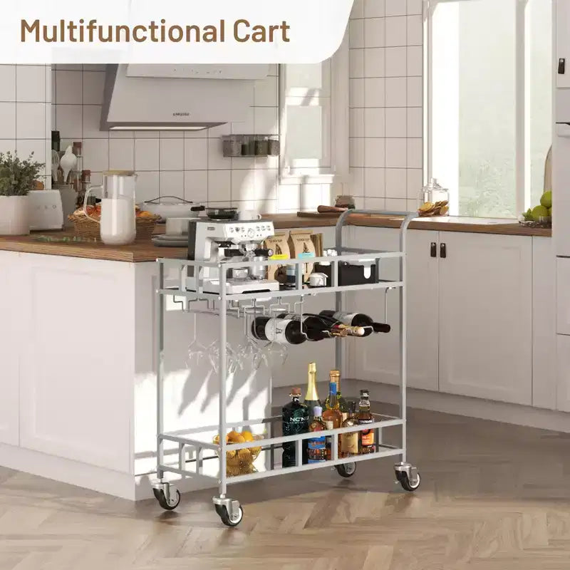 2 Tier Rolling Wine Bar Cart, Small Alcohol Liquor Cart with Mirrored Shelves, Wine Racks & Glass Holder, Compact for Living Room Party, Silver