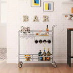 2 Tier Rolling Wine Bar Cart, Small Alcohol Liquor Cart with Mirrored Shelves, Wine Racks & Glass Holder, Compact for Living Room Party, Silver