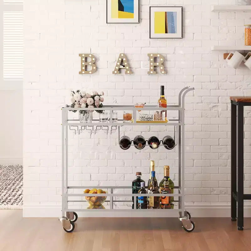 2 Tier Rolling Wine Bar Cart, Small Alcohol Liquor Cart with Mirrored Shelves, Wine Racks & Glass Holder, Compact for Living Room Party, Silver