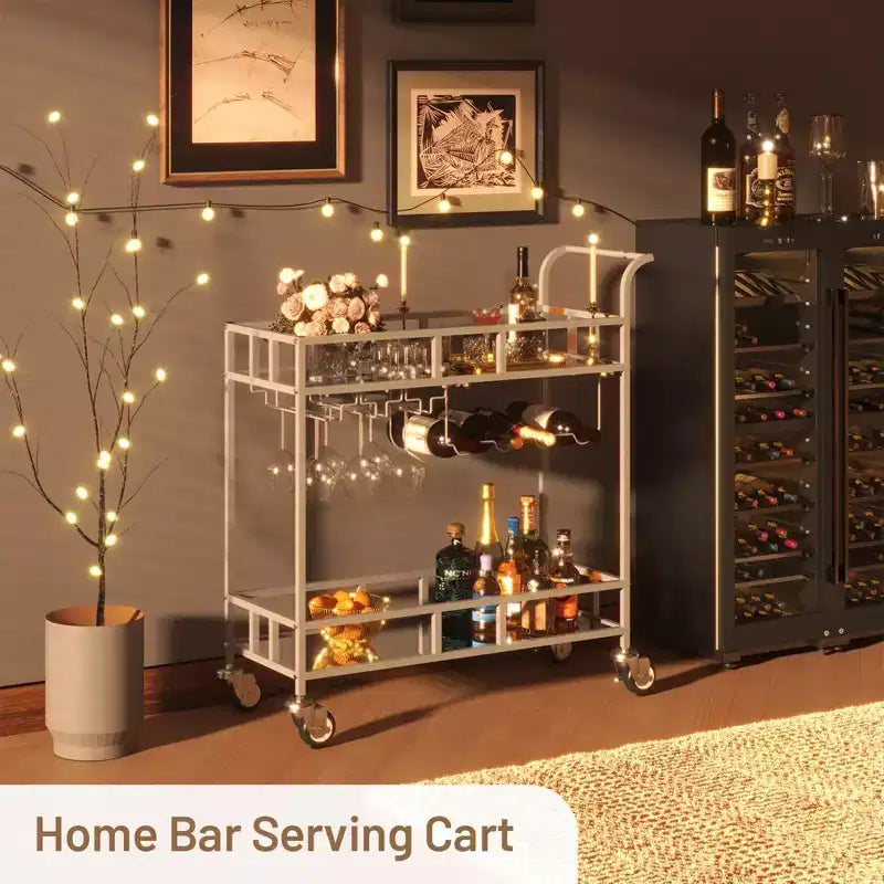 2 Tier Rolling Wine Bar Cart, Small Alcohol Liquor Cart with Mirrored Shelves, Wine Racks & Glass Holder, Compact for Living Room Party, Silver