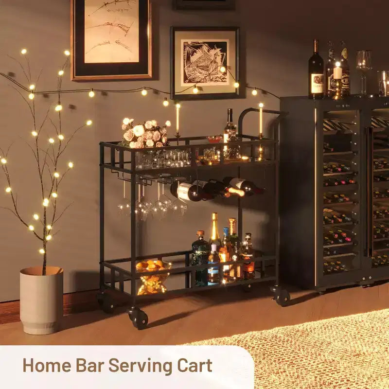 2 Tier Rolling Wine Bar Cart, Small Alcohol Liquor Cart with Mirrored Shelves, Wine Racks & Glass Holder, Compact for Living Room Party, Silver