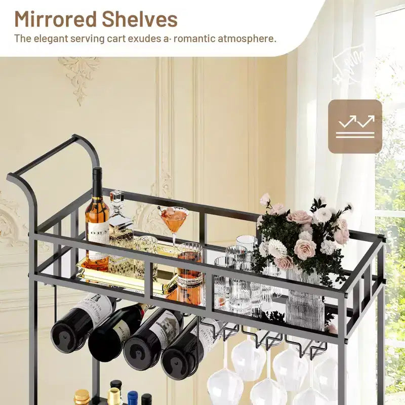 2 Tier Rolling Wine Bar Cart, Small Alcohol Liquor Cart with Mirrored Shelves, Wine Racks & Glass Holder, Compact for Living Room Party, Silver