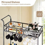 2 Tier Rolling Wine Bar Cart, Small Alcohol Liquor Cart with Mirrored Shelves, Wine Racks & Glass Holder, Compact for Living Room Party, Silver