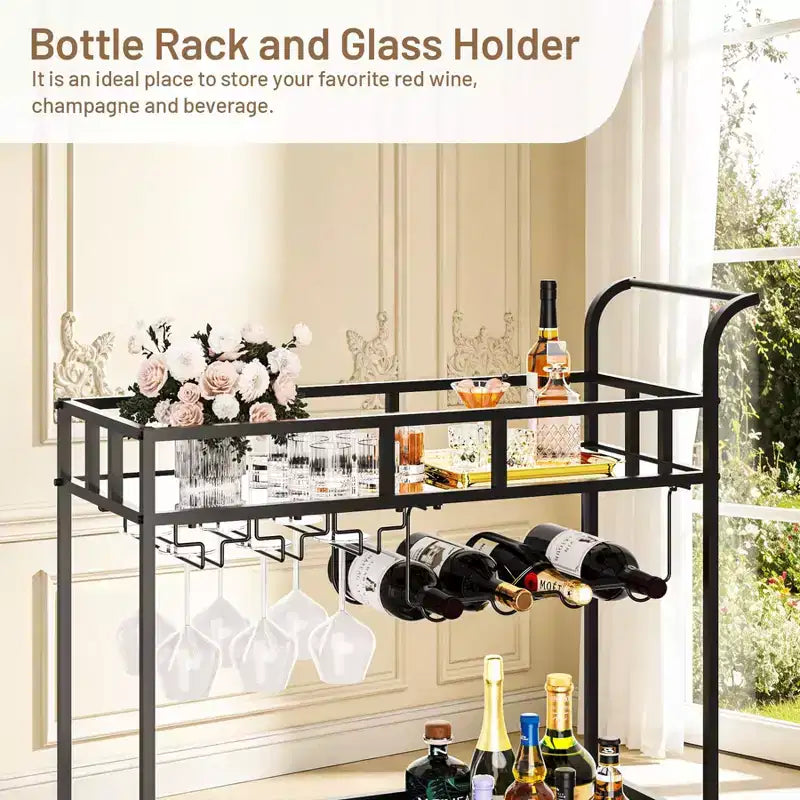 2 Tier Rolling Wine Bar Cart, Small Alcohol Liquor Cart with Mirrored Shelves, Wine Racks & Glass Holder, Compact for Living Room Party, Silver