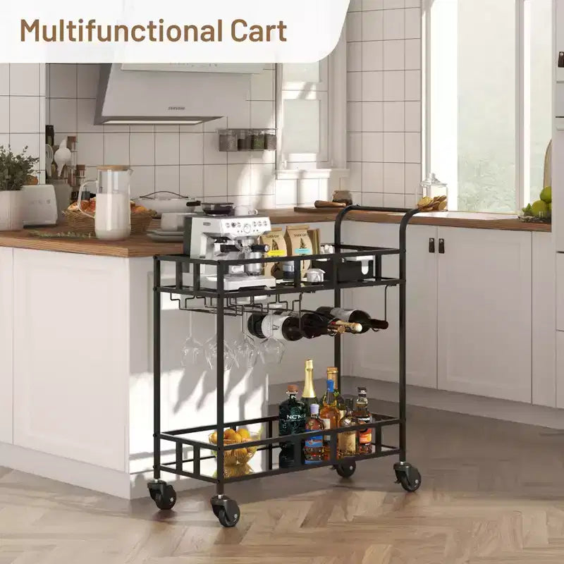 2 Tier Rolling Wine Bar Cart, Small Alcohol Liquor Cart with Mirrored Shelves, Wine Racks & Glass Holder, Compact for Living Room Party, Silver