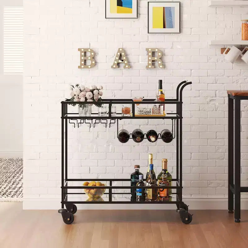 2 Tier Rolling Wine Bar Cart, Small Alcohol Liquor Cart with Mirrored Shelves, Wine Racks & Glass Holder, Compact for Living Room Party, Silver