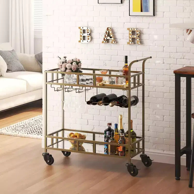 2 Tier Rolling Wine Bar Cart, Small Alcohol Liquor Cart with Mirrored Shelves, Wine Racks & Glass Holder, Compact for Living Room Party, Silver