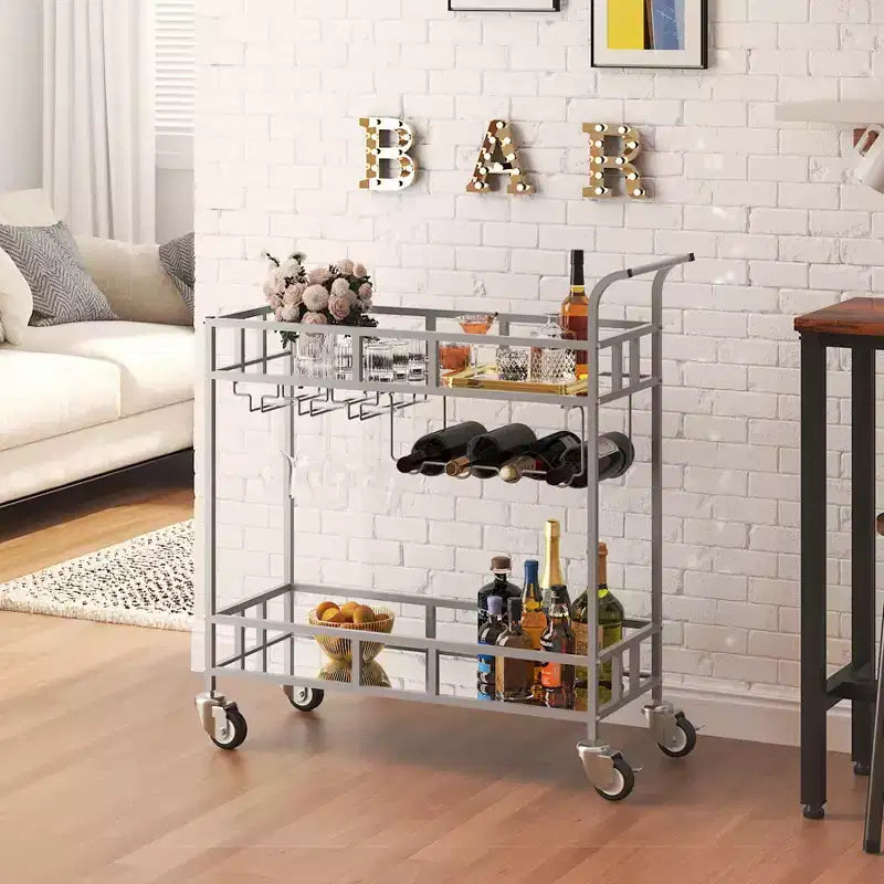 2 Tier Rolling Wine Bar Cart, Small Alcohol Liquor Cart with Mirrored Shelves, Wine Racks & Glass Holder, Compact for Living Room Party, Silver
