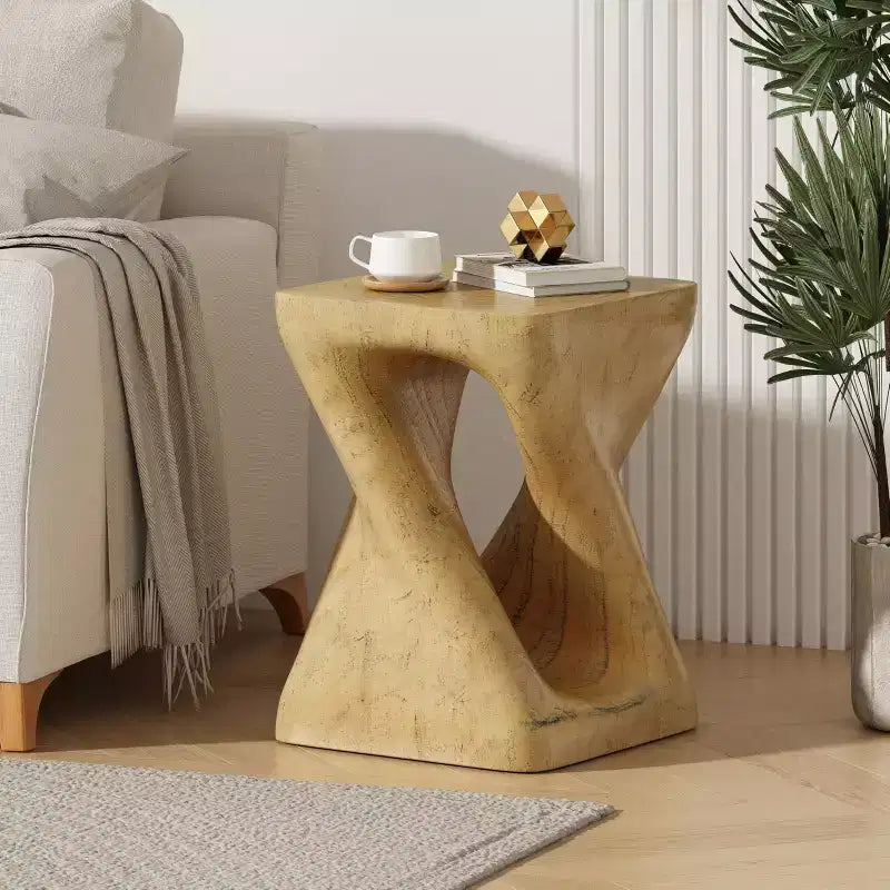 Modern Spiral Side Table with Hollow Center, Wood Grain Texture Magnesium Oxide Coffee Table for Living Room Bedroom