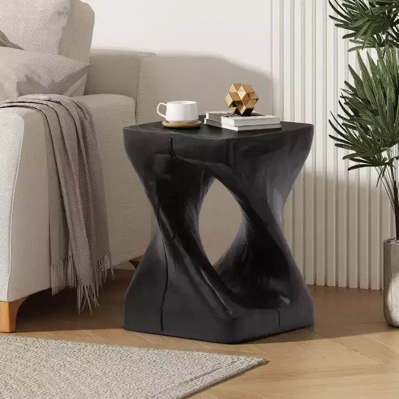 Modern Spiral Side Table with Hollow Center, Wood Grain Texture Magnesium Oxide Coffee Table for Living Room Bedroom